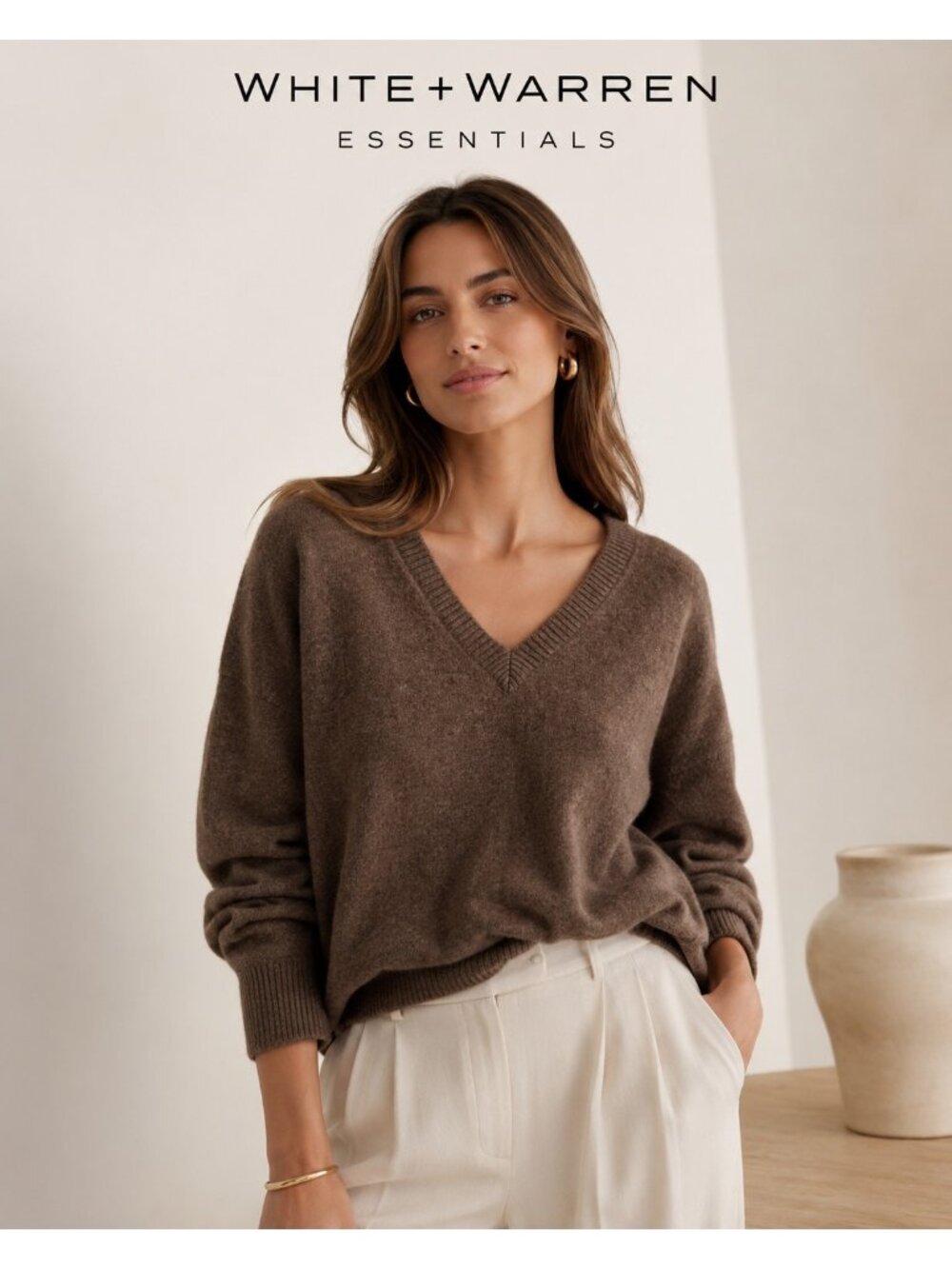 White + Warren Essentials 100% Cashmere Brown V-Neck Sweater Women Oversized